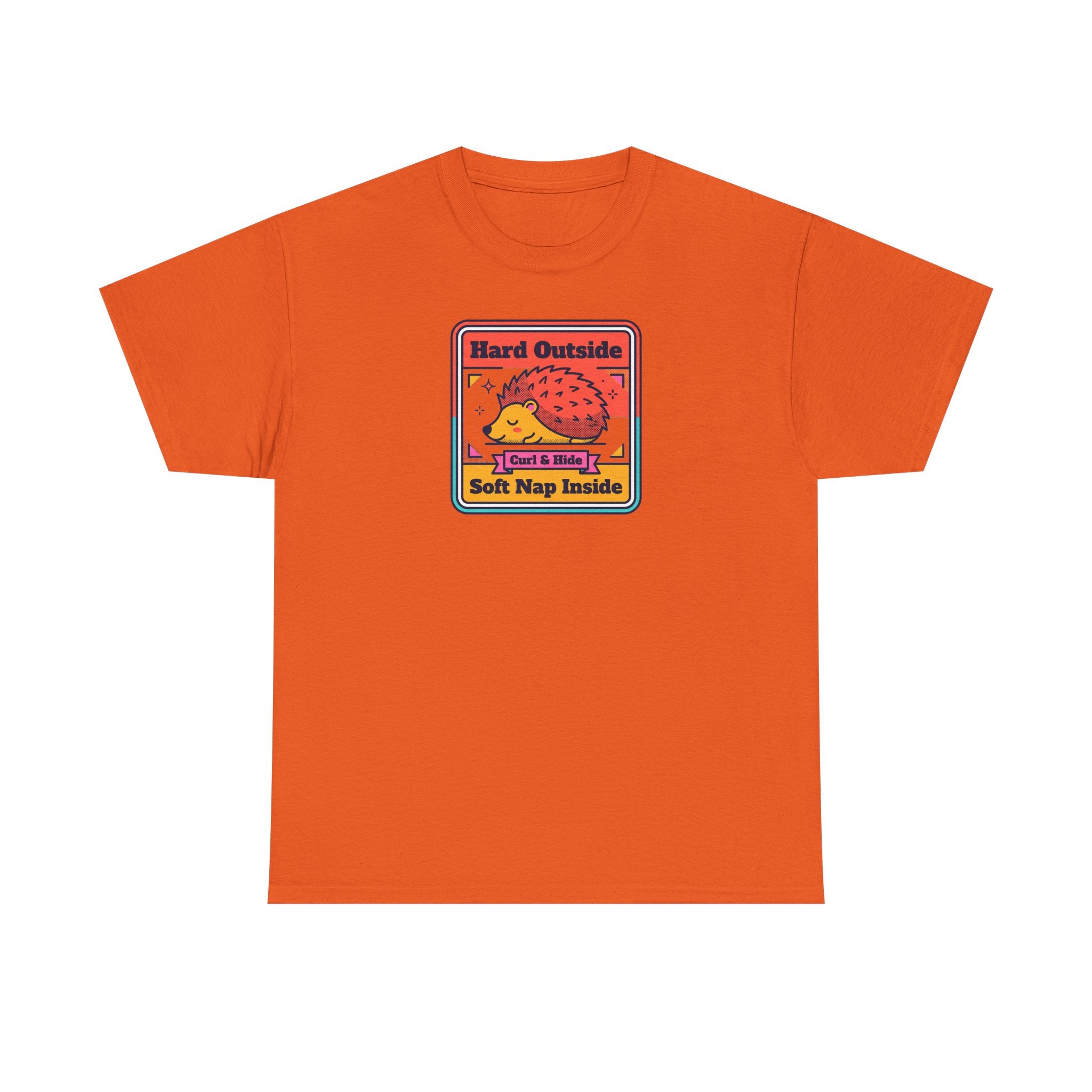 Orange T-shirt with colorful hedgehog graphic and “Hard Outside Soft Nap Inside” text
