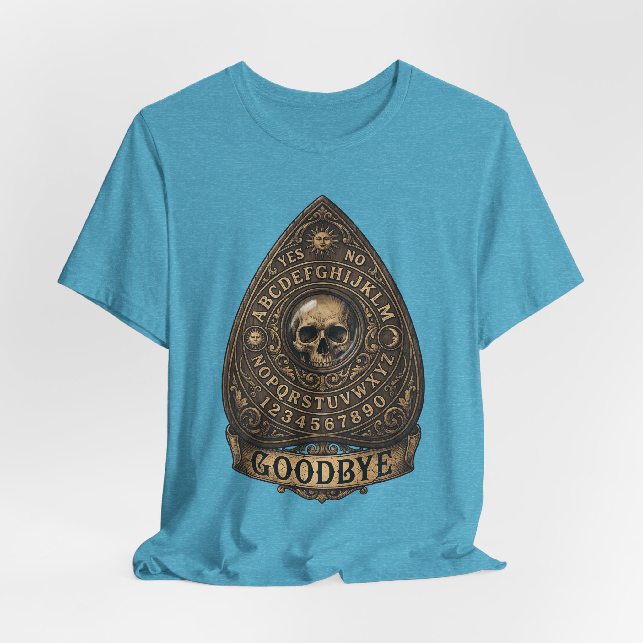 Camiseta azul turquesa heather con calavera Ouija en planchette y “GOODBYE”