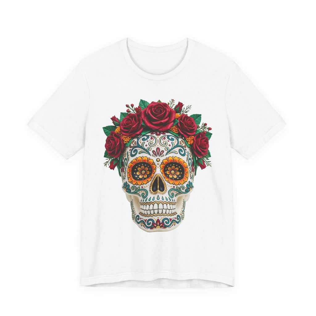 White T-shirt with sugar skull and red rose crown graphic