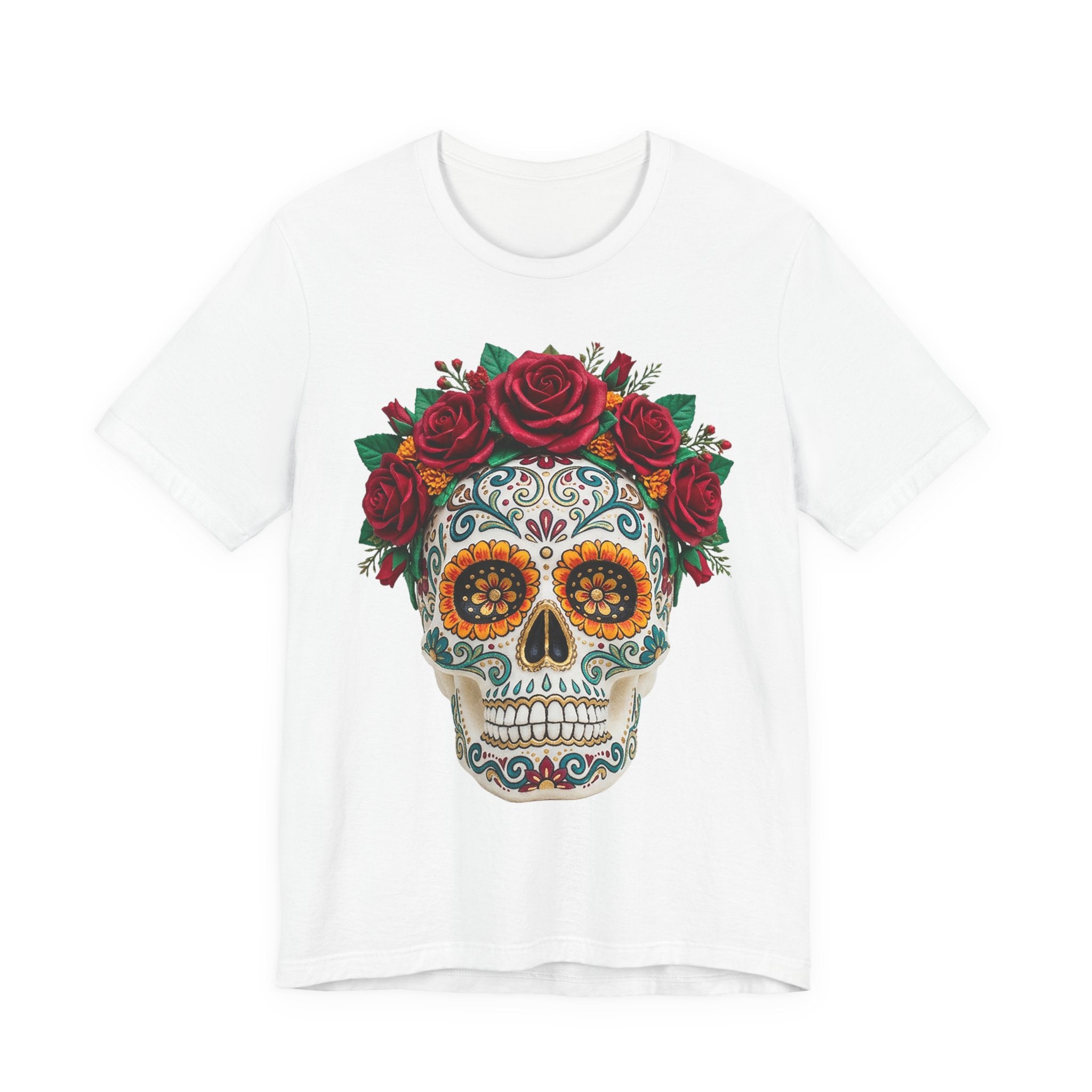 White T-shirt with sugar skull and red rose crown graphic