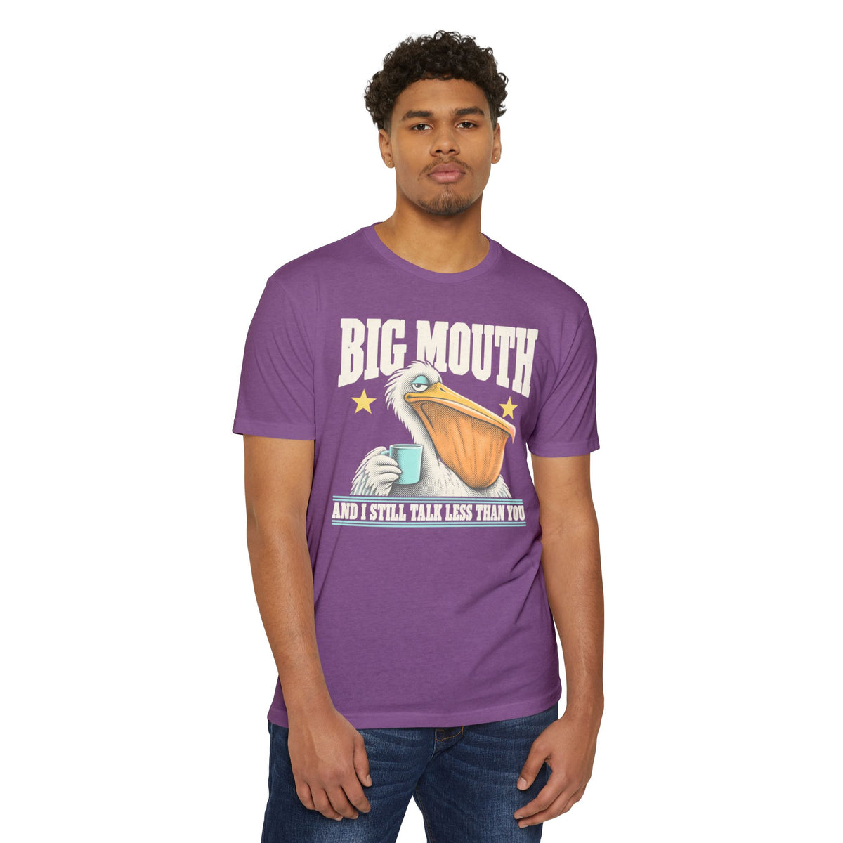 Purple crew-neck t-shirt with front pelican coffee graphic and text print.