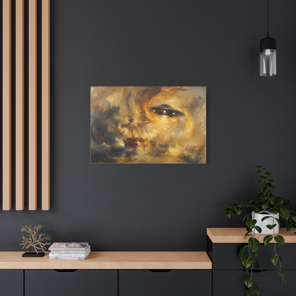 Small horizontal canvas with glowing UFO eye over stormy sailboat, warm gold and gray