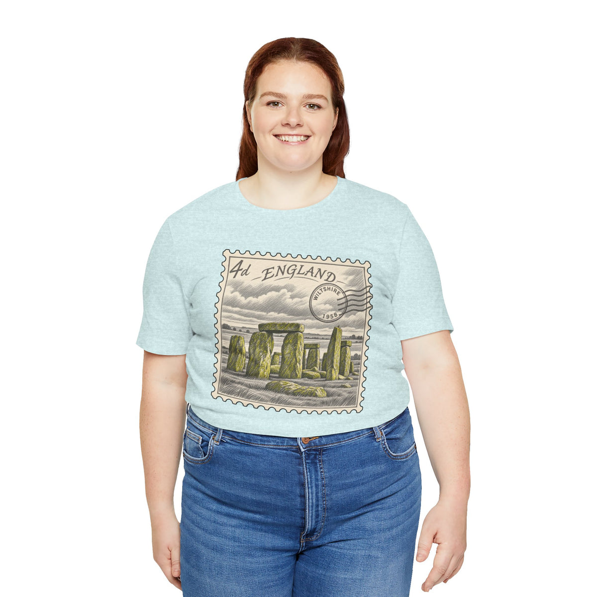 Light blue T-shirt with England postage stamp graphic on the front