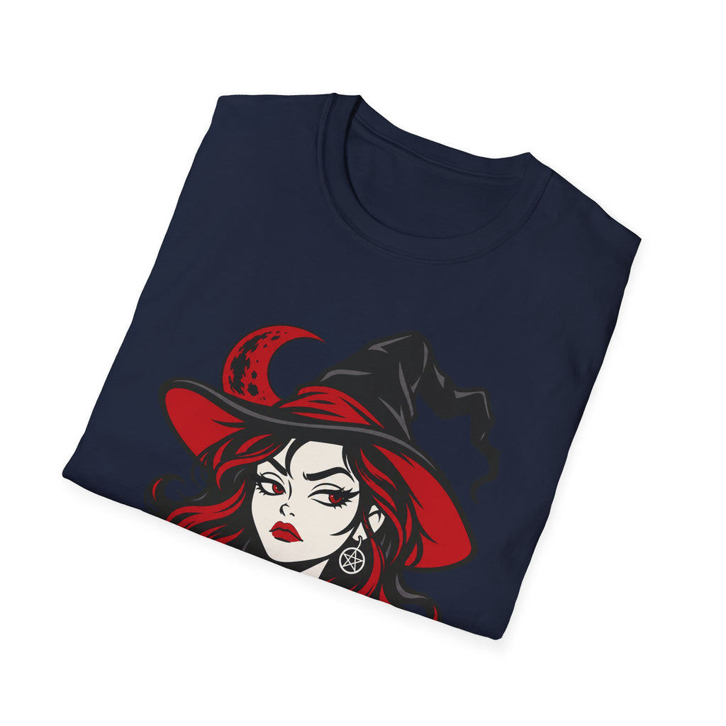 Navy t-shirt with red-and-black witch face graphic across the chest