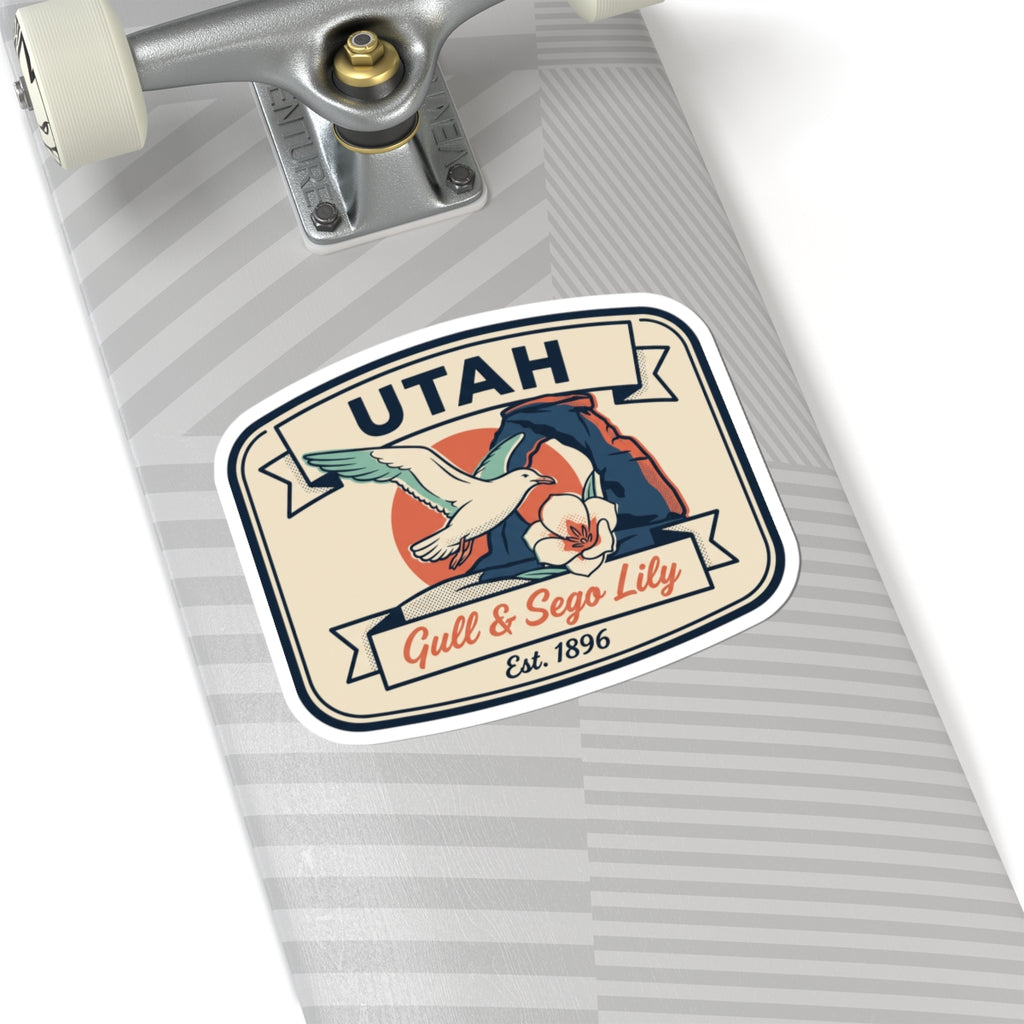 Utah luggage-style sticker decal with gull, sego lily, and Est. 1896