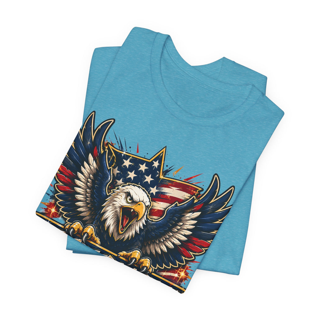Aqua T-shirt with bald eagle and stars graphic on the chest
