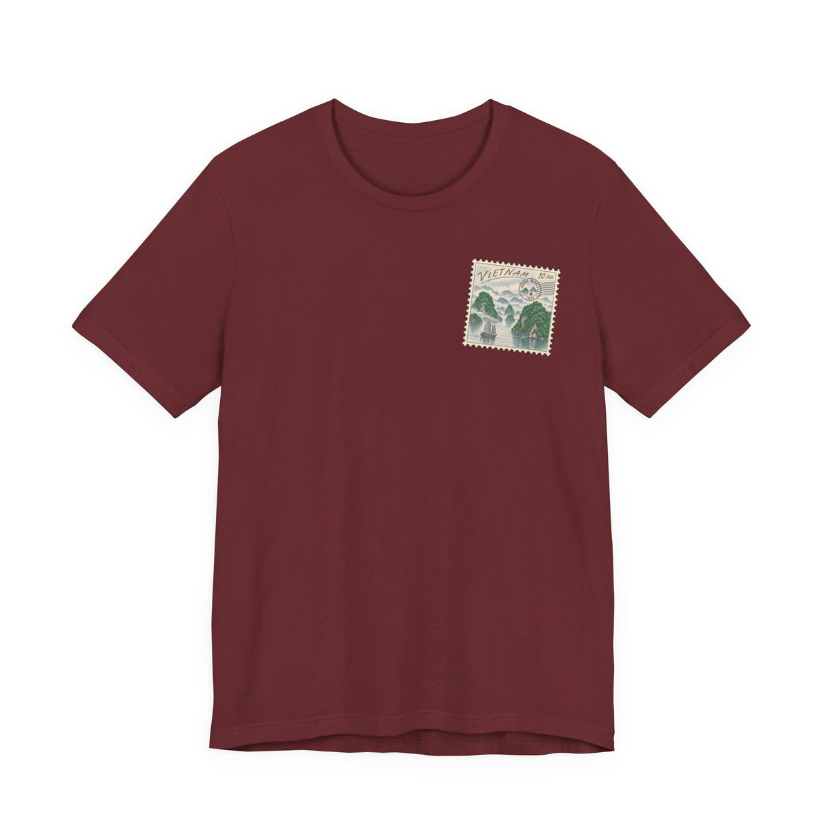 Burgundy short-sleeve T-shirt with small postage-stamp style graphic on the chest