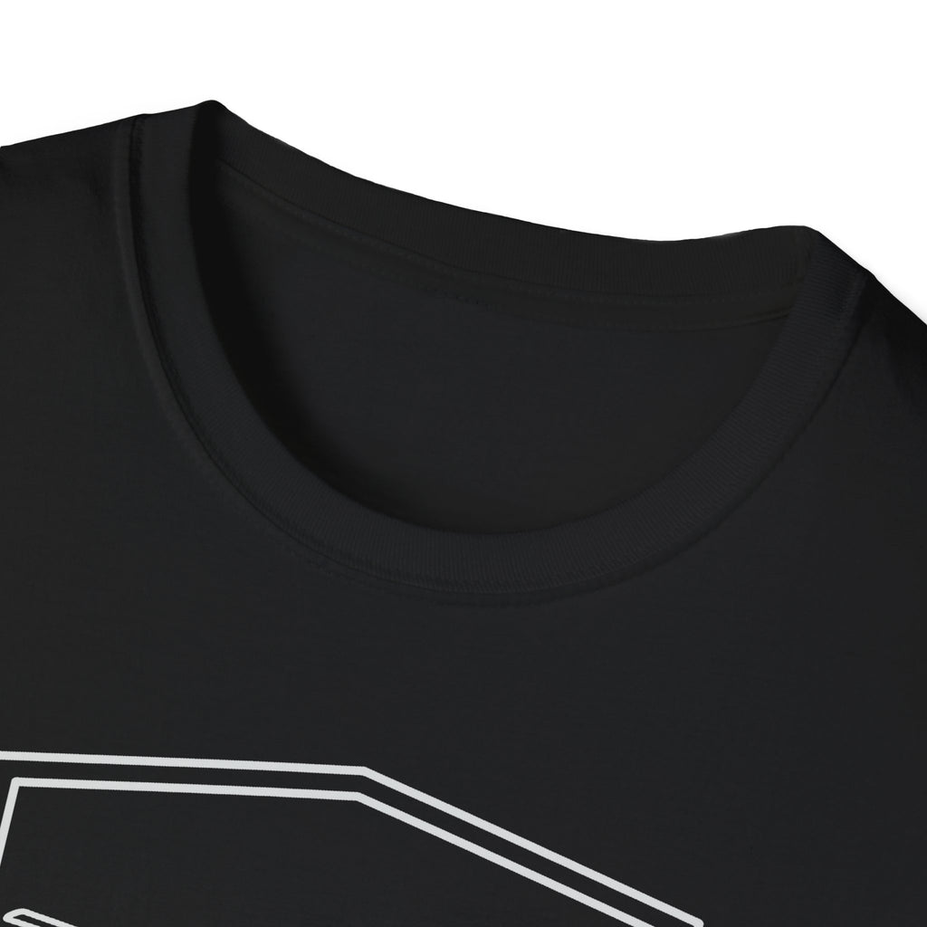 Black crew-neck T-shirt with partial white graphic lines across chest