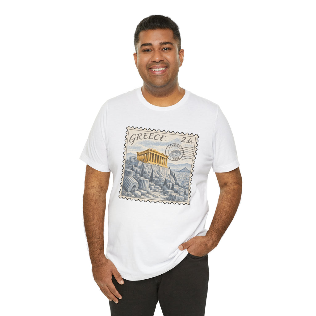 White crewneck T-shirt with Greece postage-stamp graphic print