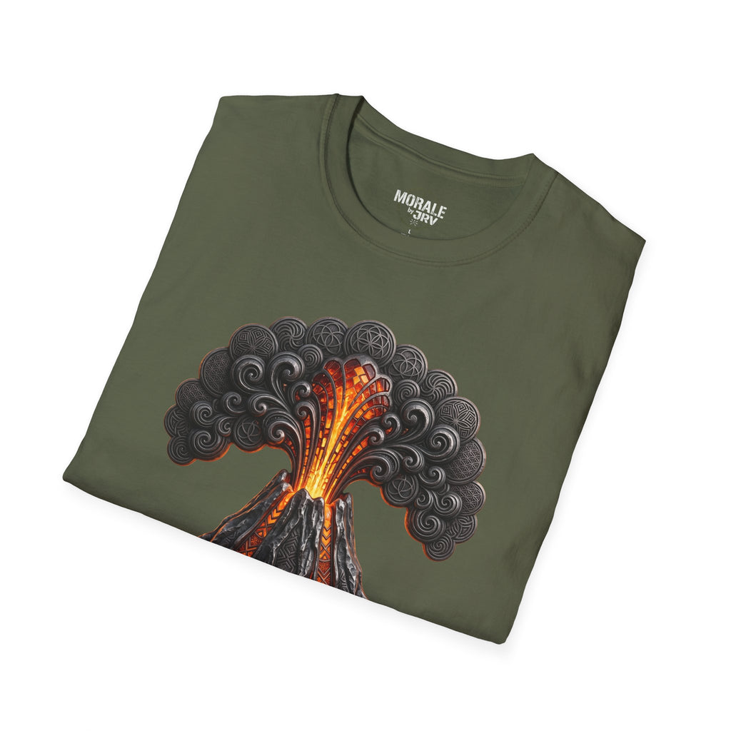 Military green volcano eruption T-shirt with lava, smoke and vortex graphic