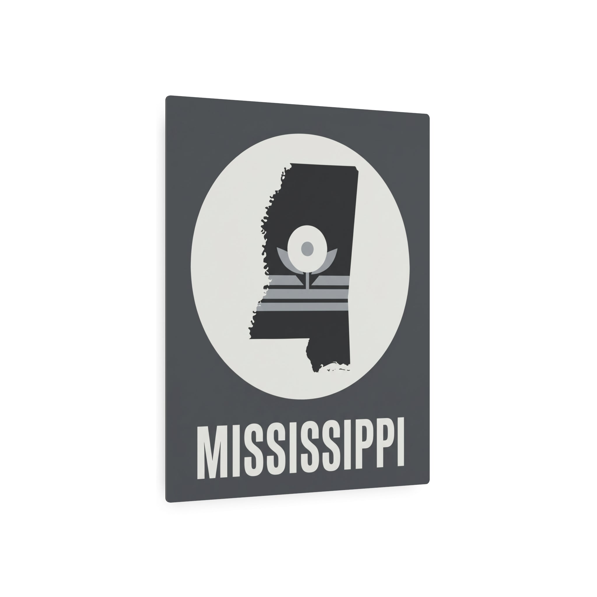 Mississippi metal art sign with circular magnolia emblem and MISSISSIPPI lettering