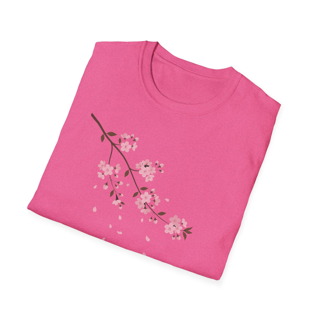 Rosa T-Shirt mit Kirschblütenzweig-Print und fallenden Blüten
