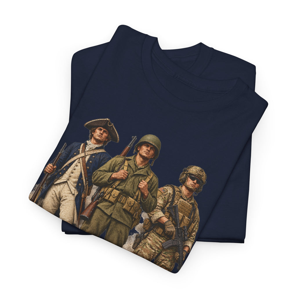 Navy T-shirt with vintage soldiers graphic on front, crew neck short sleeves.
