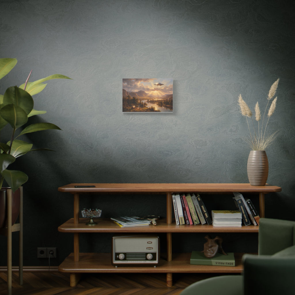 Pastoral river landscape canvas print with warm sky, mountains, and a glowing UFO