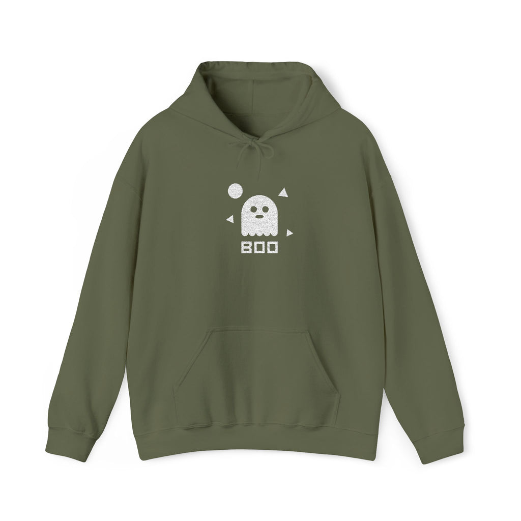 Olive green hoodie with white ghost graphic and BOO text, front pocket and hood.
