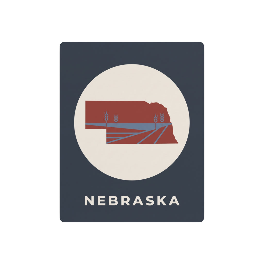 Nebraska state metal wall art sign with circular farm illustration and “NEBRASKA” text