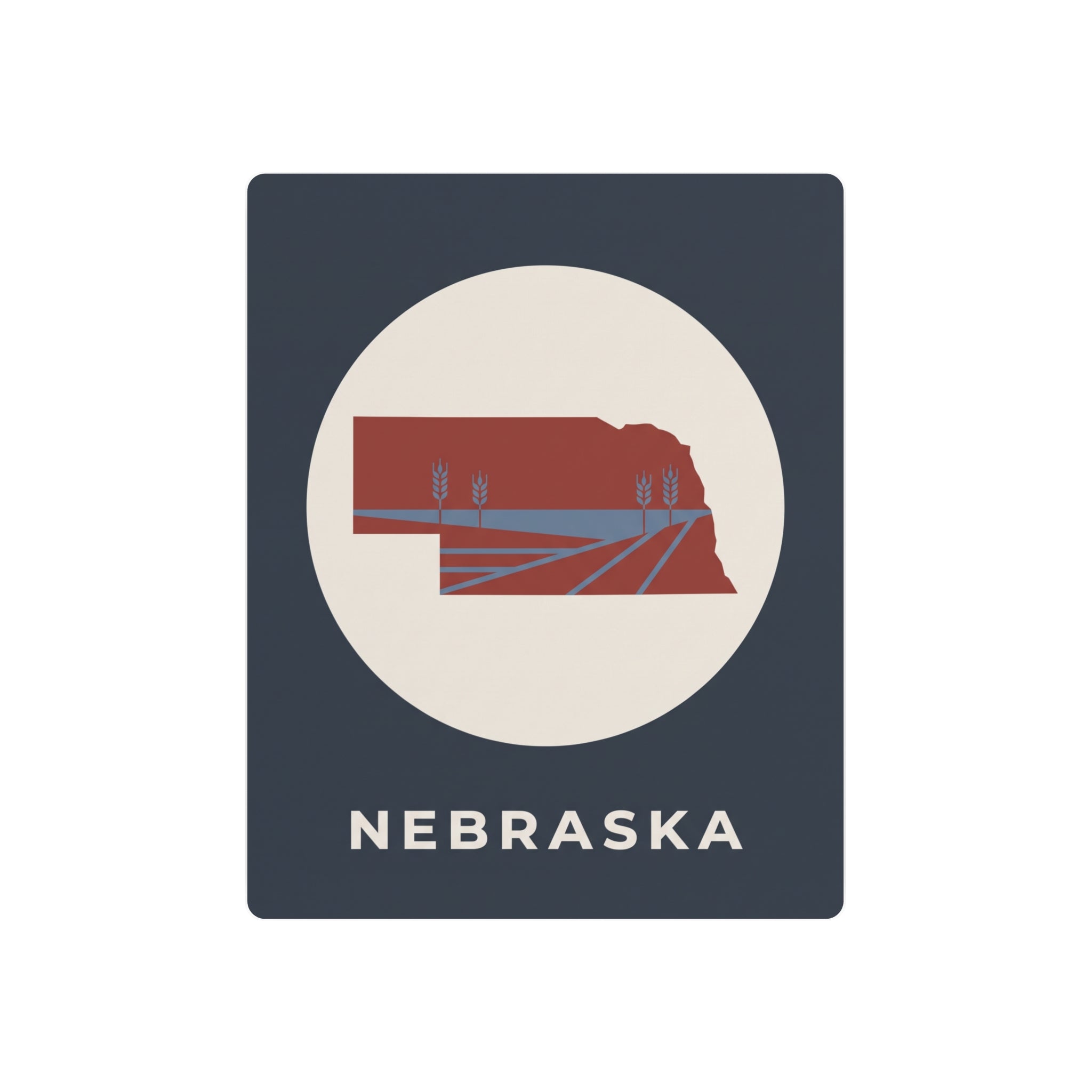 Nebraska state metal wall art sign with circular farm illustration and “NEBRASKA” text