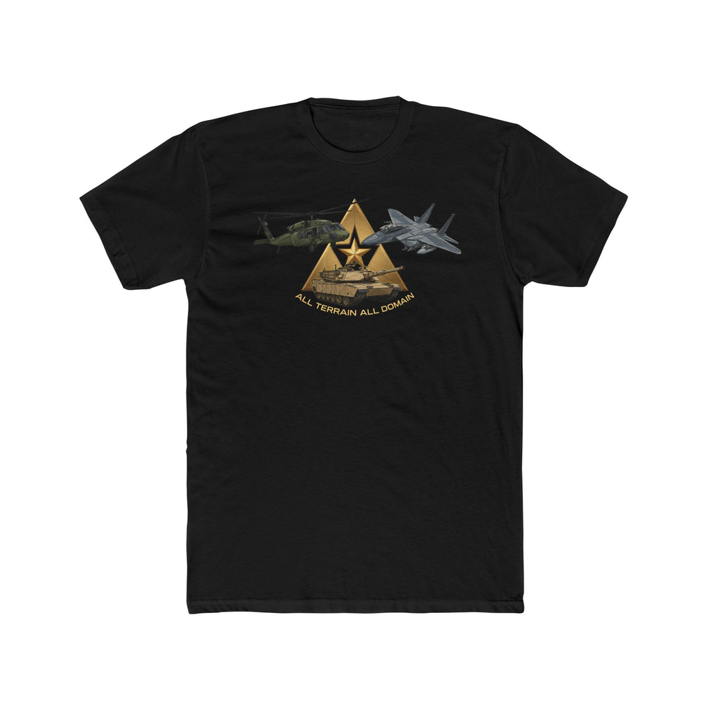 Black crew-neck T-shirt with aviation emblem graphic of helicopter, jet, and star crest