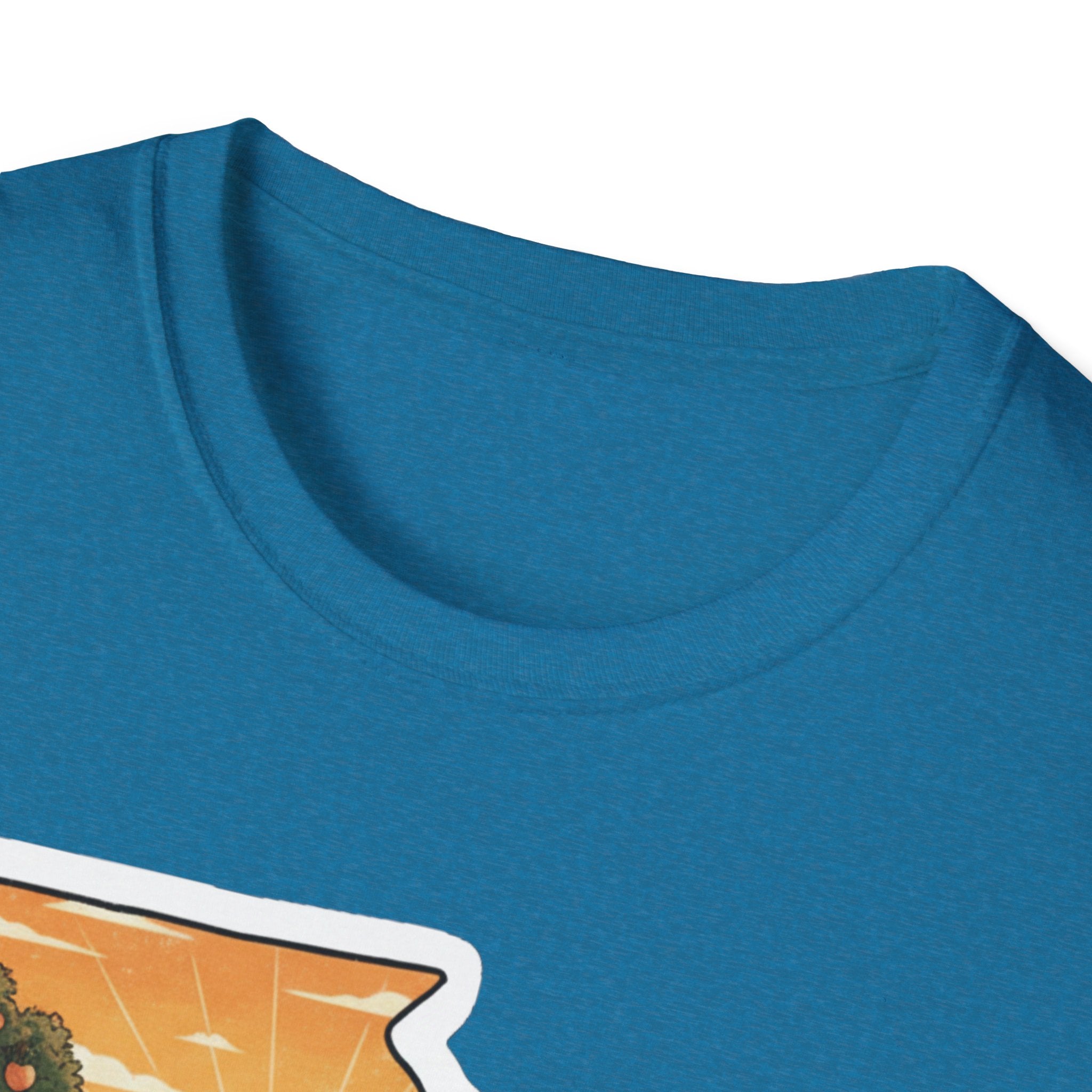 I Am Georgia T-shirt in teal blue, close view of crew neck and map graphic edge