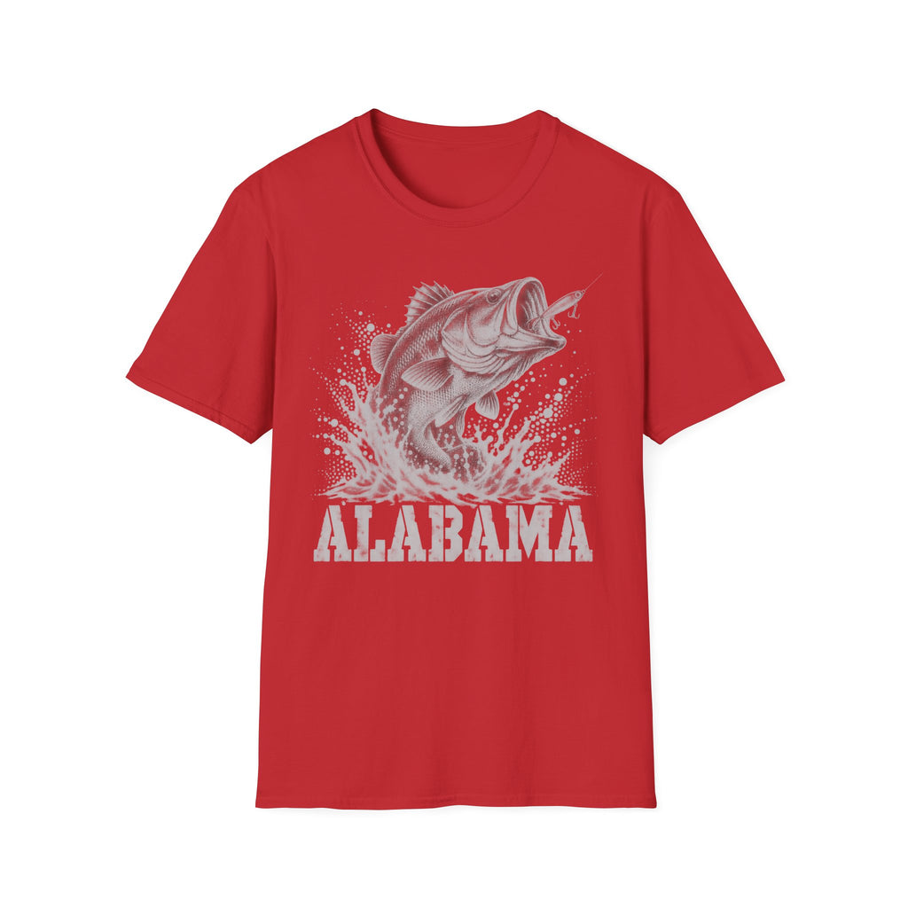 Red fishing t-shirt with largemouth bass splash and 'ALABAMA' graphic