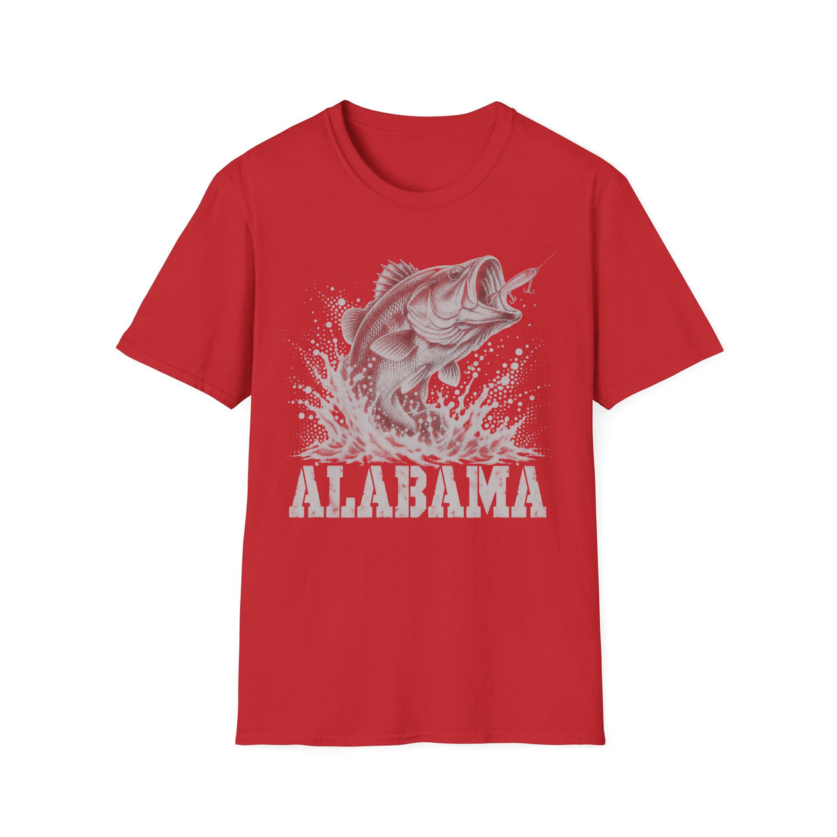 Red fishing t-shirt with largemouth bass splash and 'ALABAMA' graphic