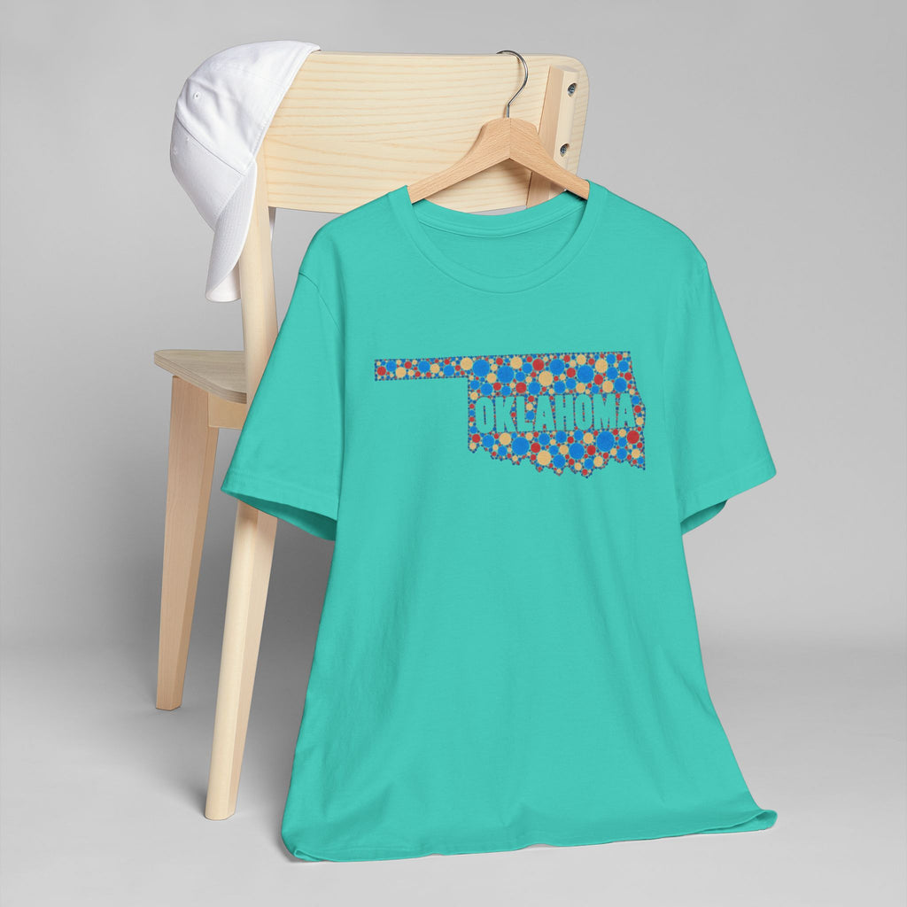 Oklahoma floral map graphic T-shirt, teal with colorful "OKLAHOMA" outline