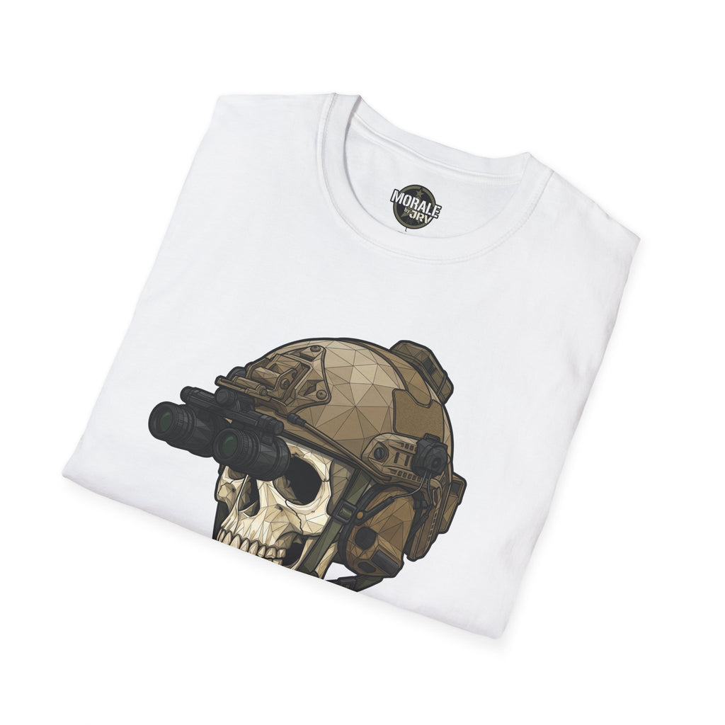 White tactical skull-helmet graphic T-shirt with NVG-style visor and rifle motif