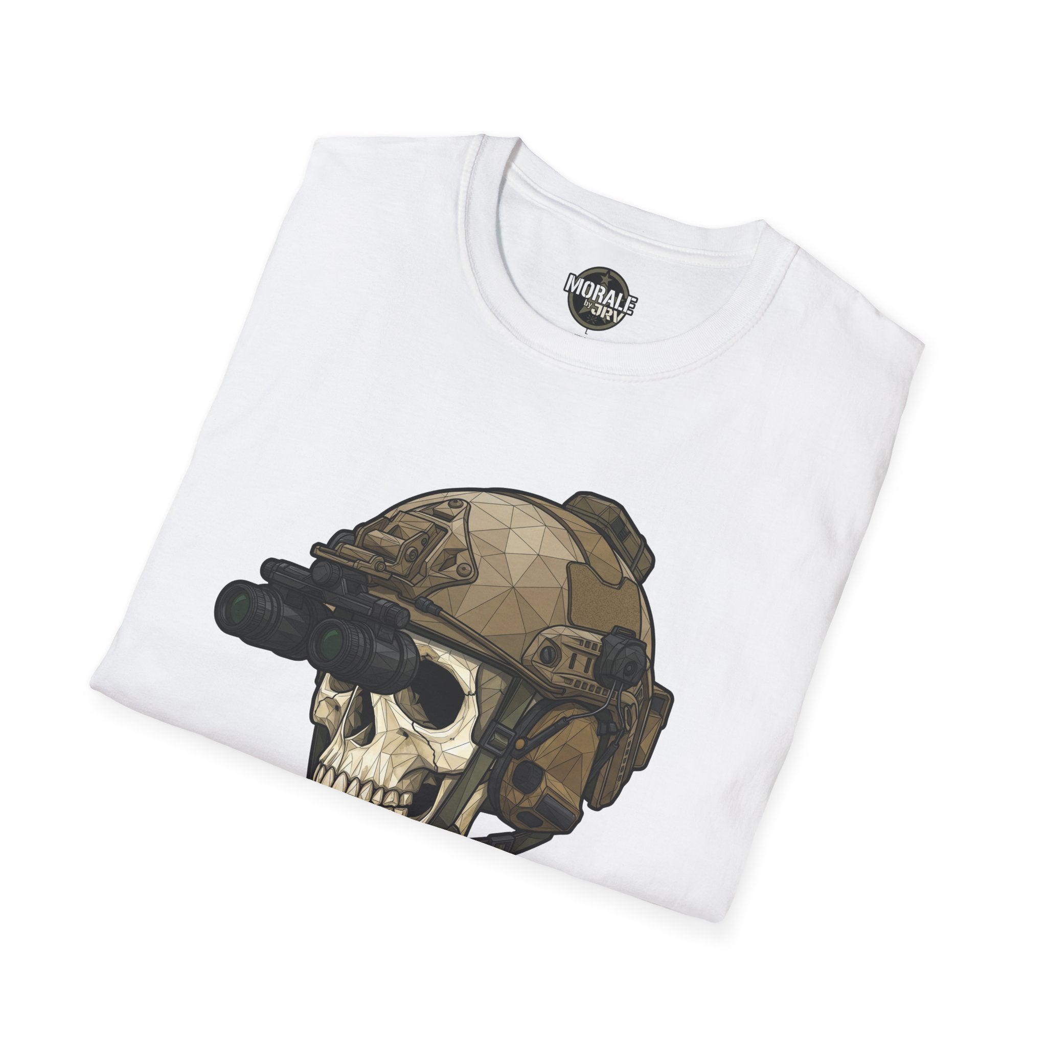 White tactical skull-helmet graphic T-shirt with NVG-style visor and rifle motif
