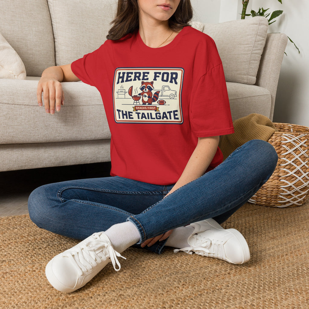 Red crew-neck T-shirt with 'Here for the Tailgate' graphic, short sleeves