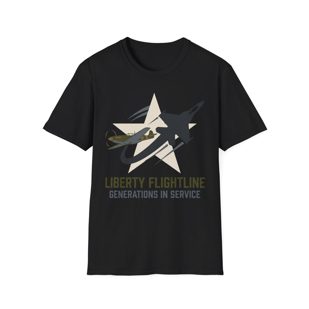 Black crewneck t-shirt with jet graphic and “Liberty Flightline Generations in Service” print