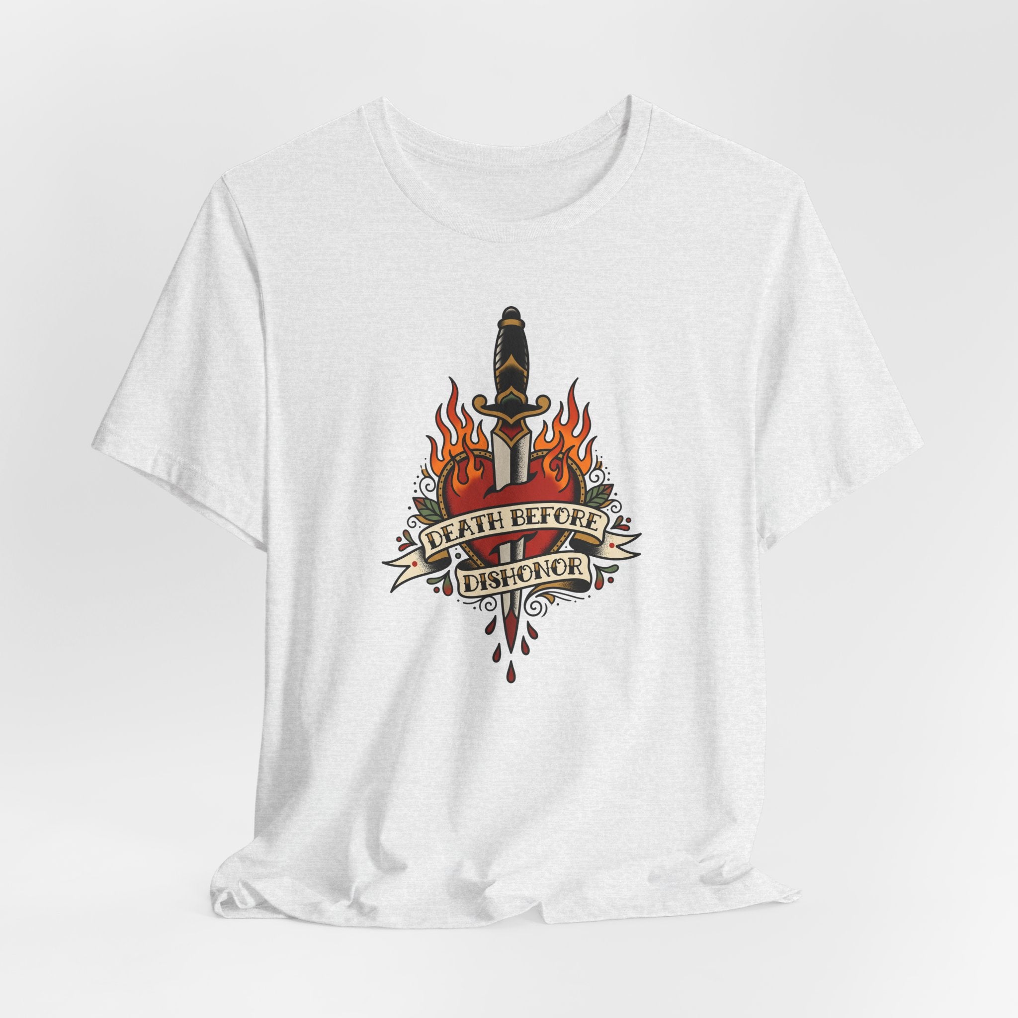 White T-shirt with flaming dagger and banner graphic on the front.