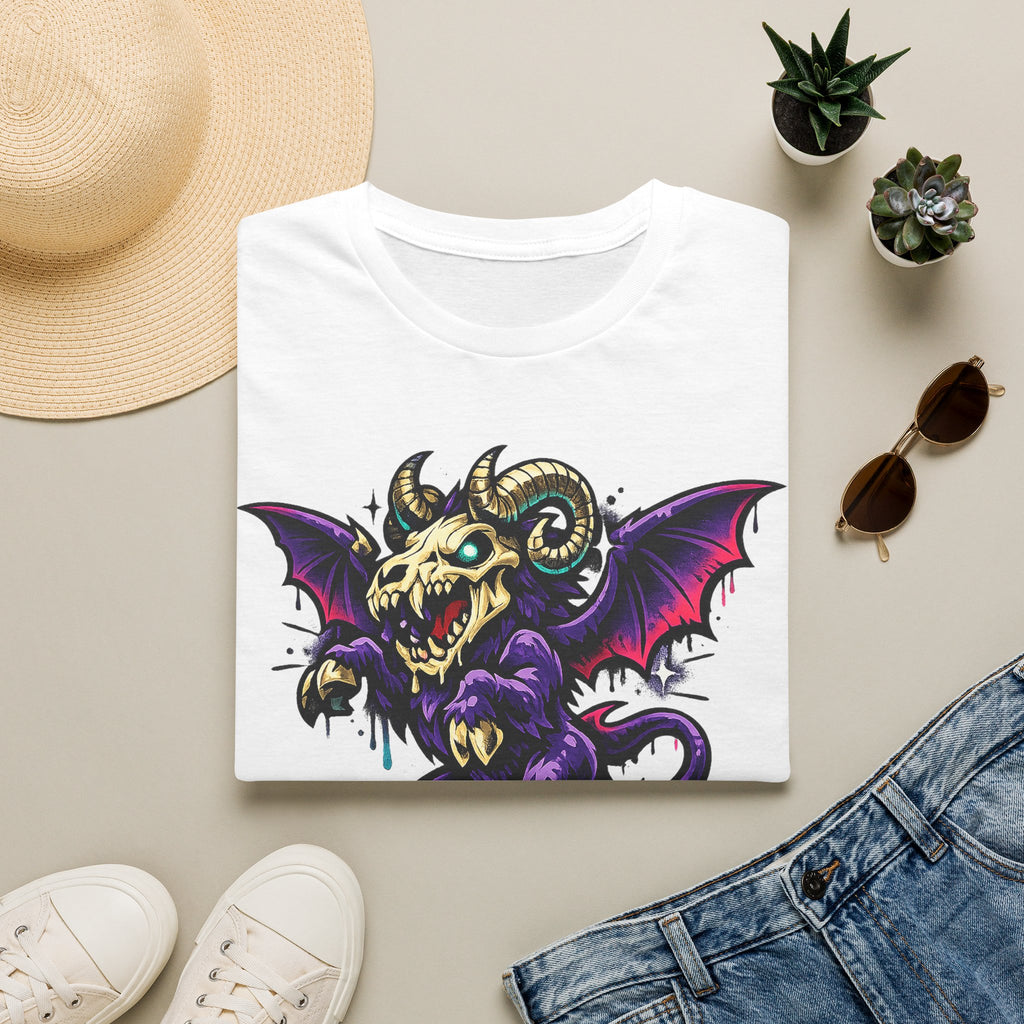 White gothic monster T-shirt with purple bat-skull ram creature graphic