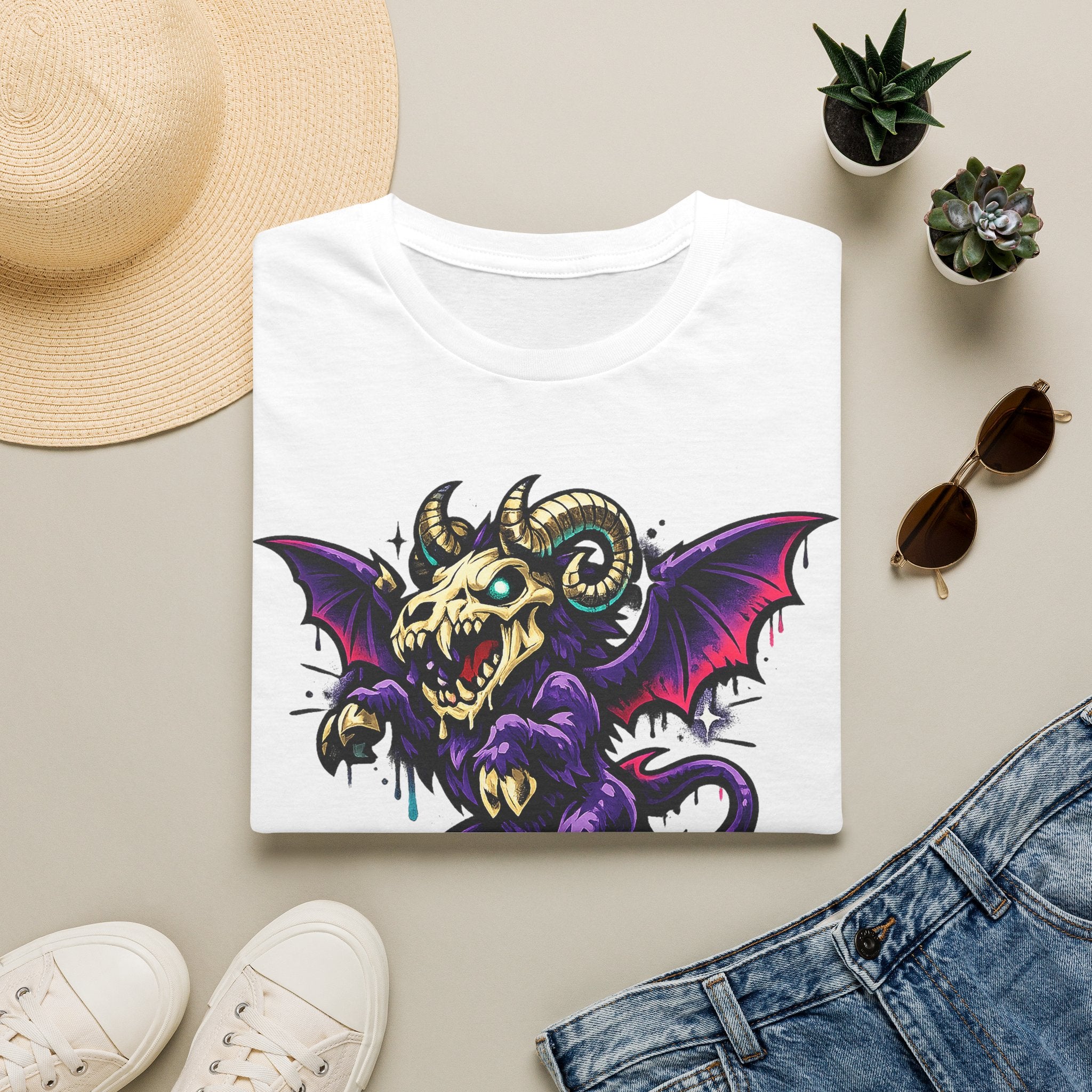White gothic monster T-shirt with purple bat-skull ram creature graphic