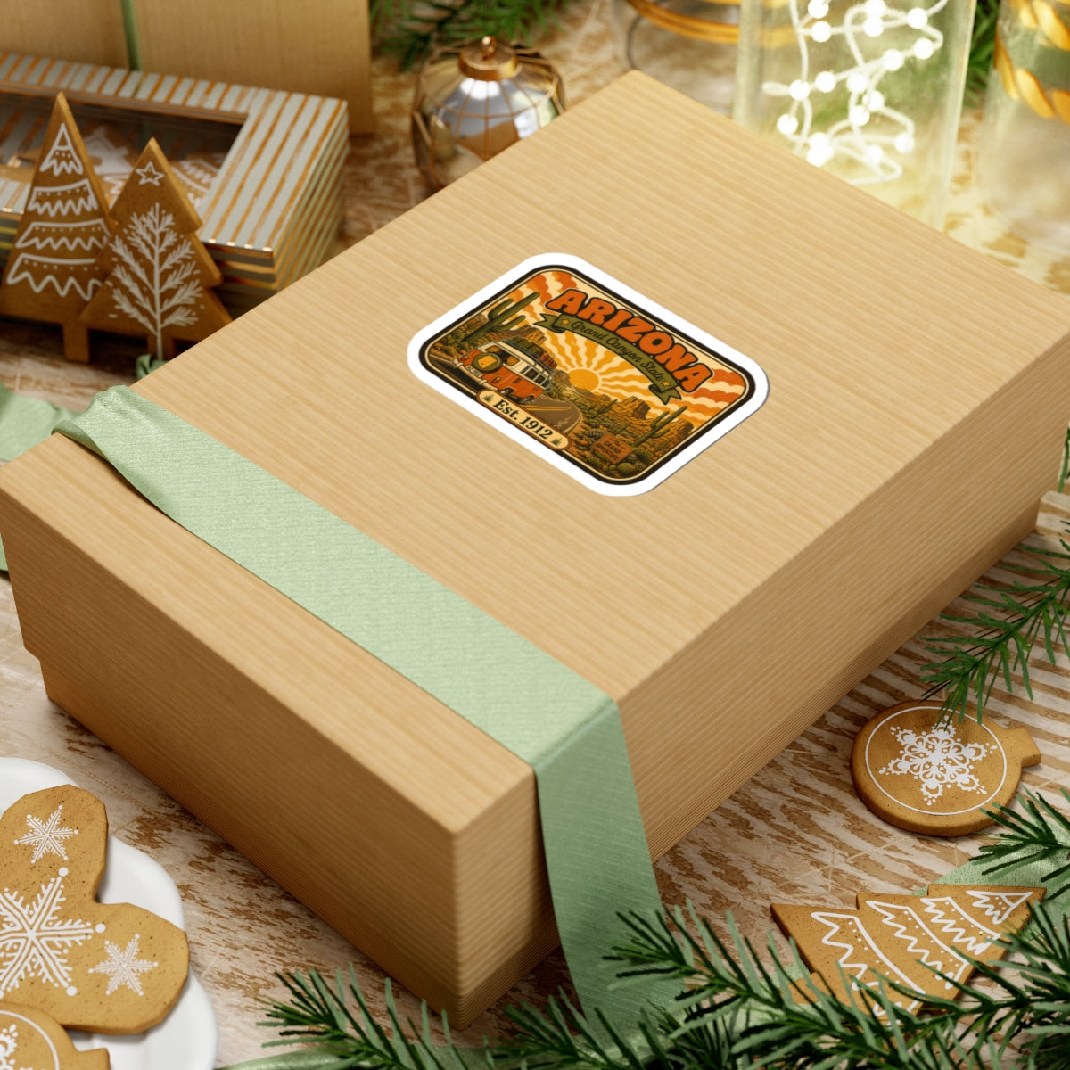 Die-cut sticker with Arizona “Grand Canyon State,” desert landscape, camper, and Est. 1912