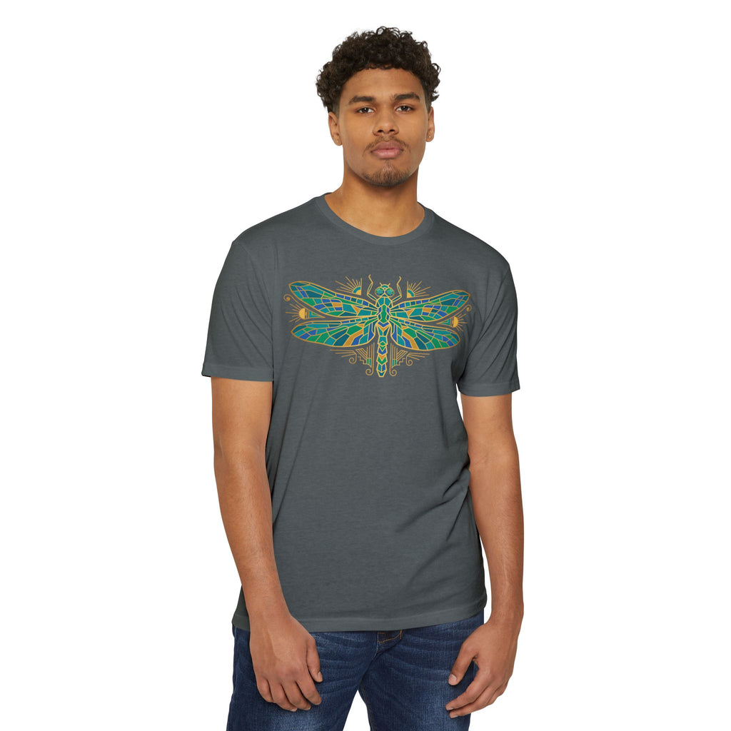 Charcoal gray unisex t-shirt with colorful dragonfly graphic on chest