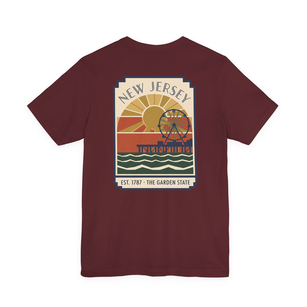Maroon T-shirt with square vintage New Jersey pier graphic on chest