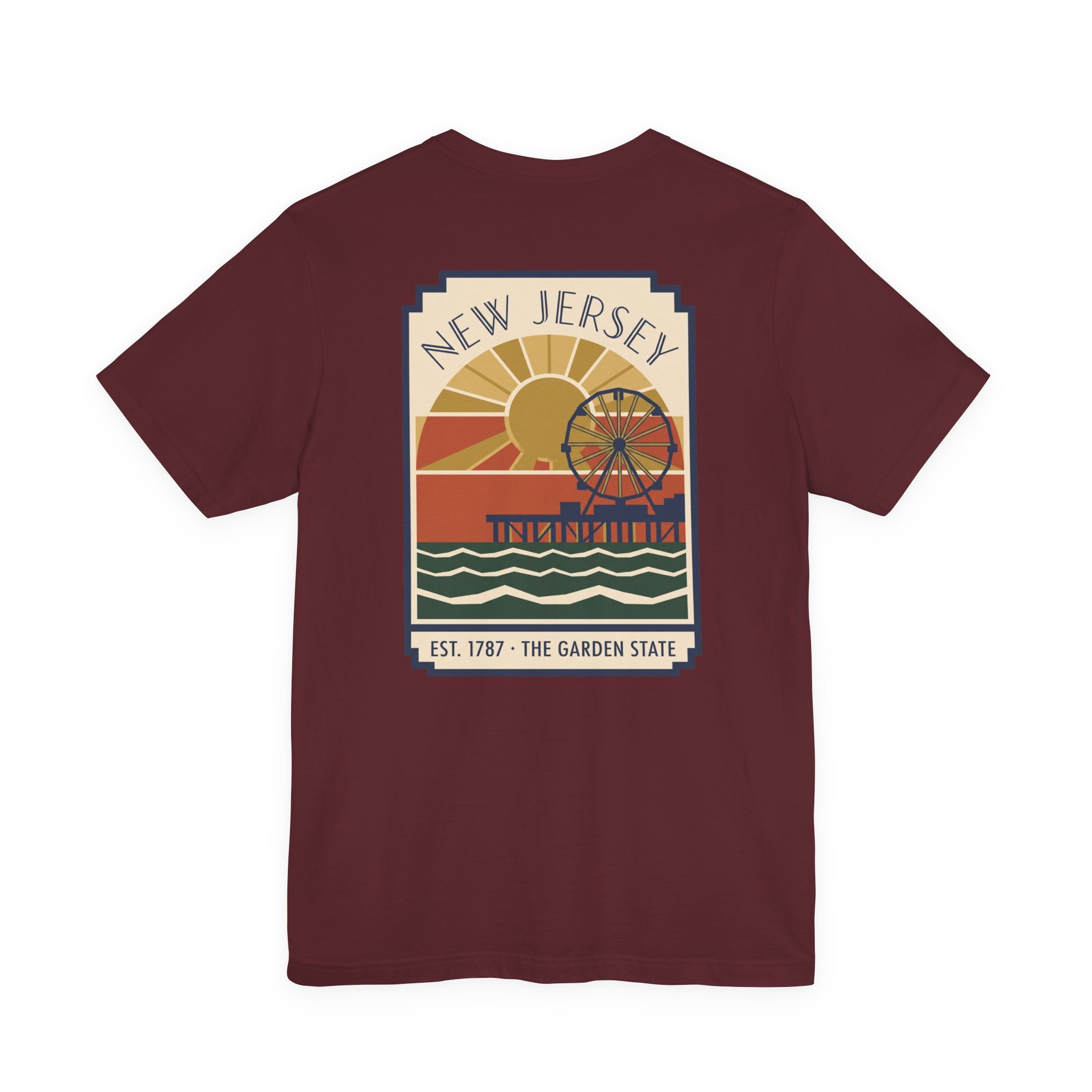 Maroon T-shirt with square vintage New Jersey pier graphic on chest