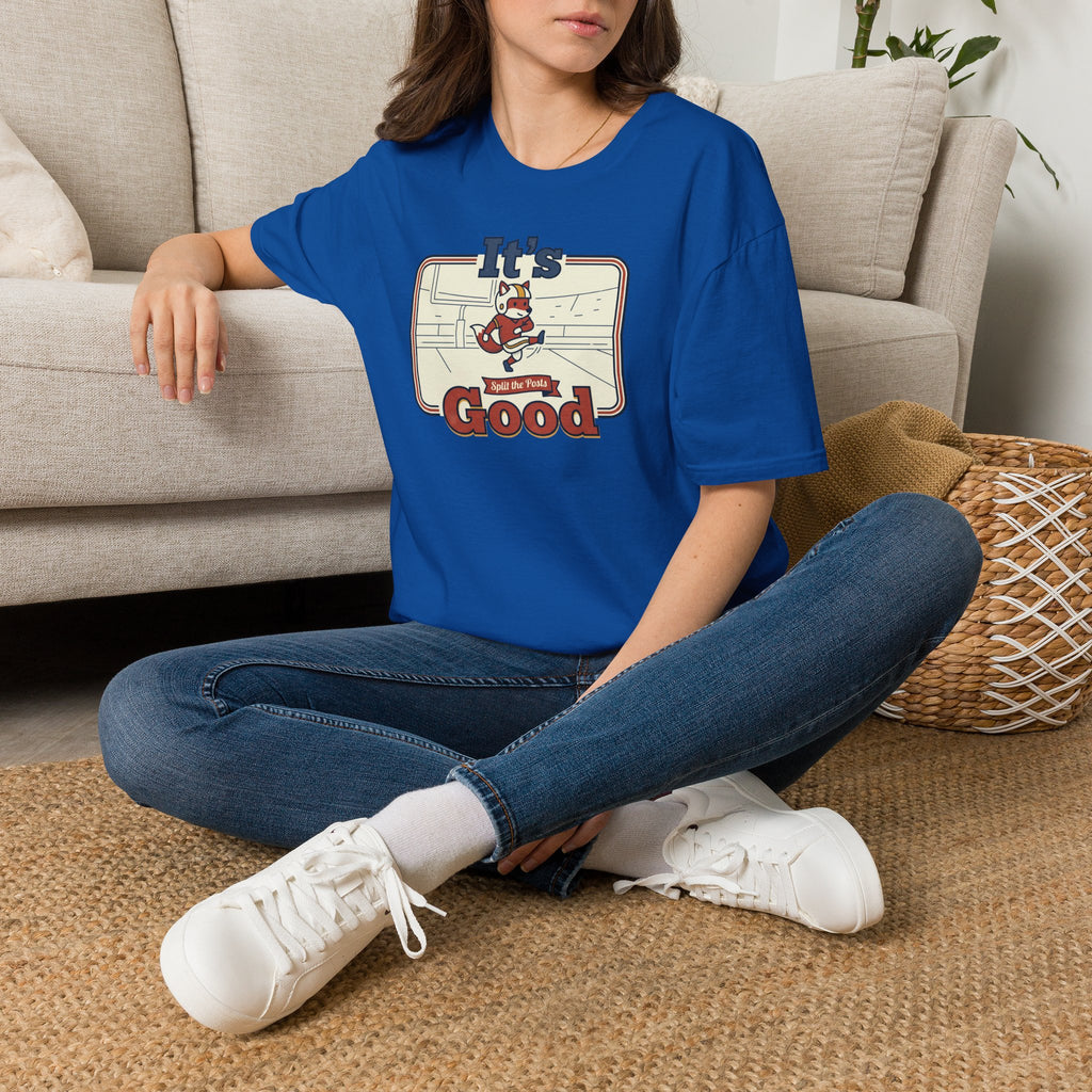 Royal blue T-shirt with vintage skate fox graphic and “It’s Good” slogan on model