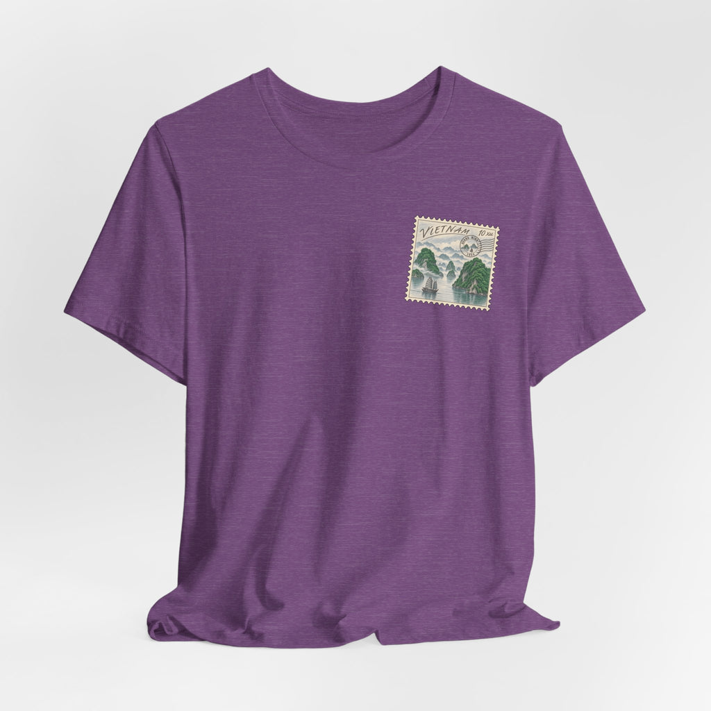 Purple travel t-shirt with small Vietnam postage-stamp style graphic on chest