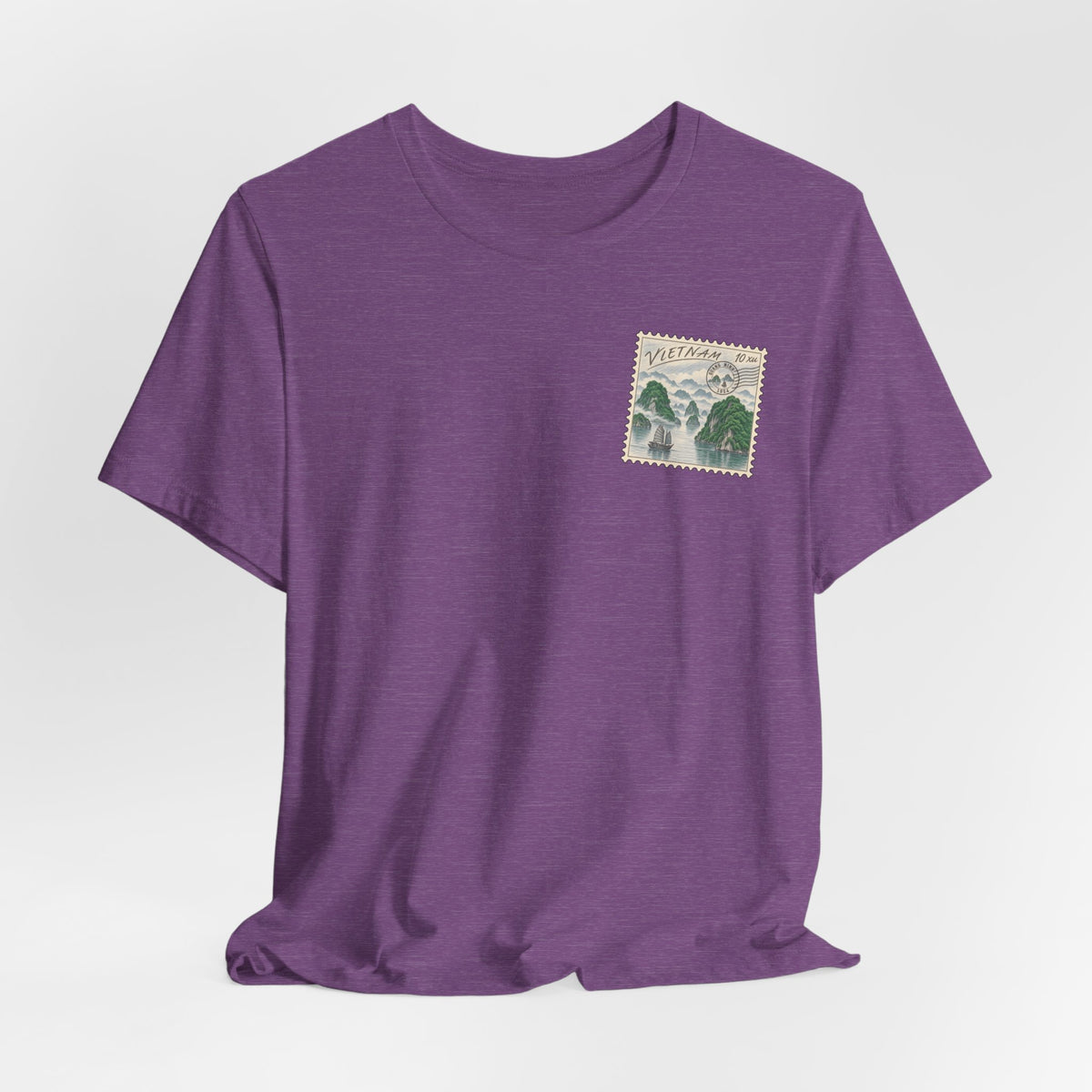 Purple travel t-shirt with small Vietnam postage-stamp style graphic on chest