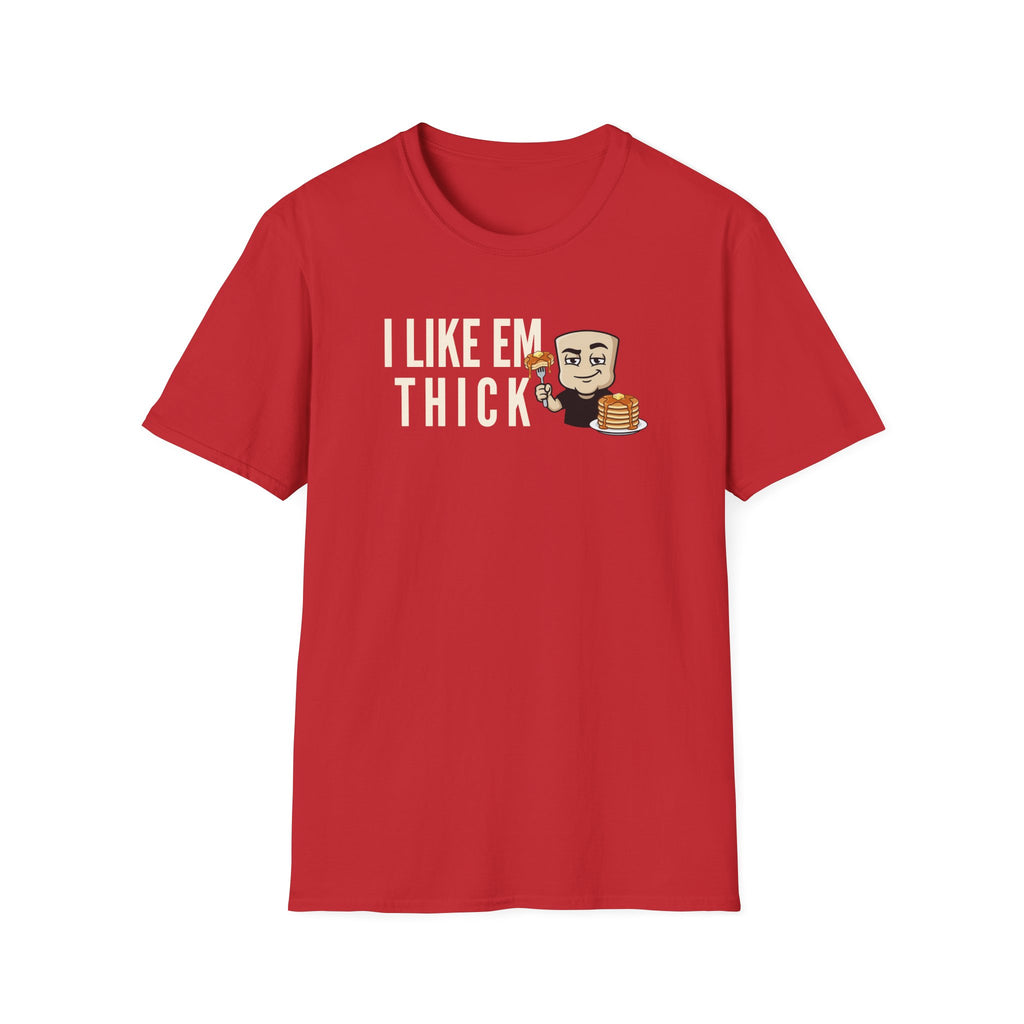 Red T-shirt with 'I LIKE EM THICK' graphic and cartoon holding a pancake stack
