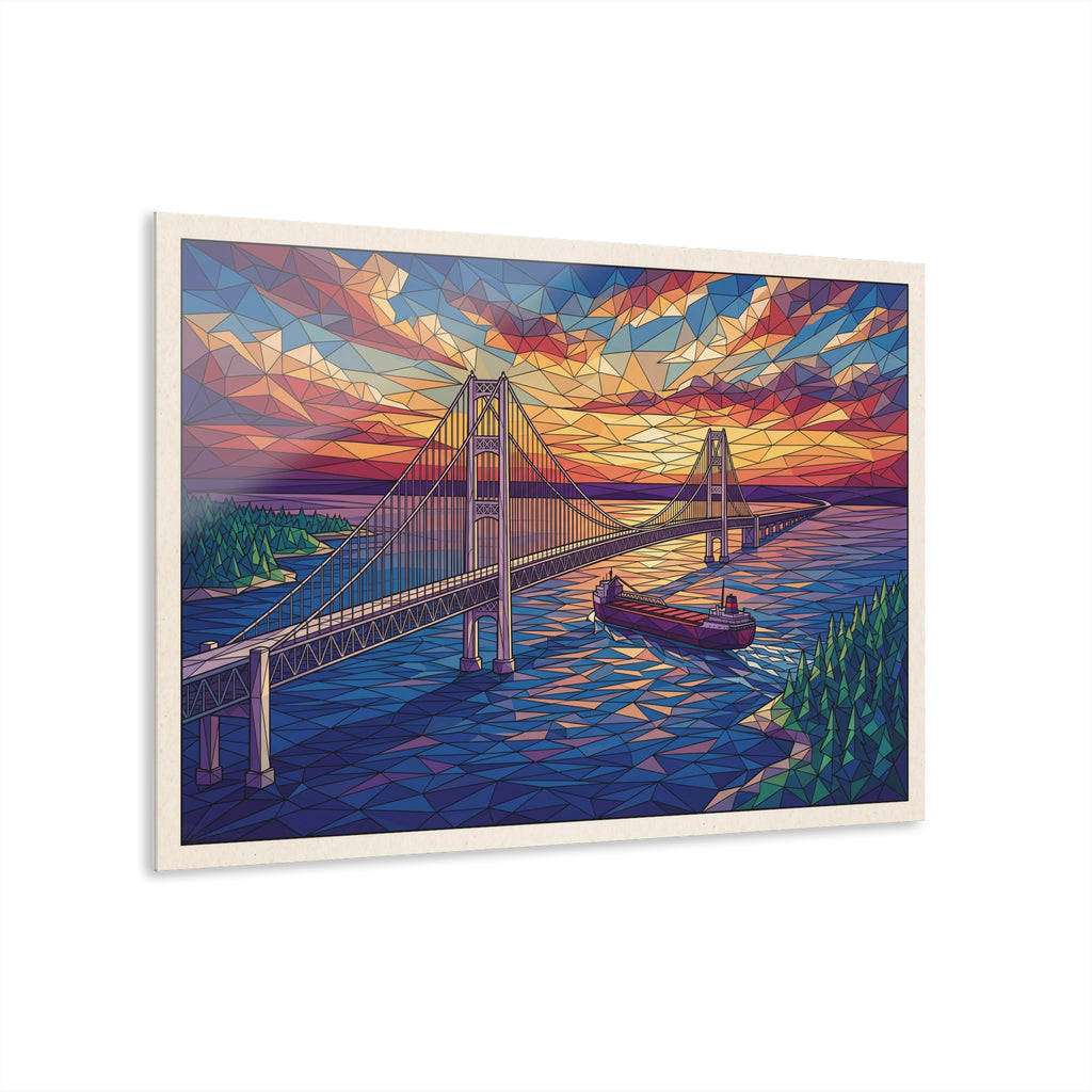 Mackinac Bridge acrylic wall art with colorful polygon sunset sky, bridge towers, docked boat