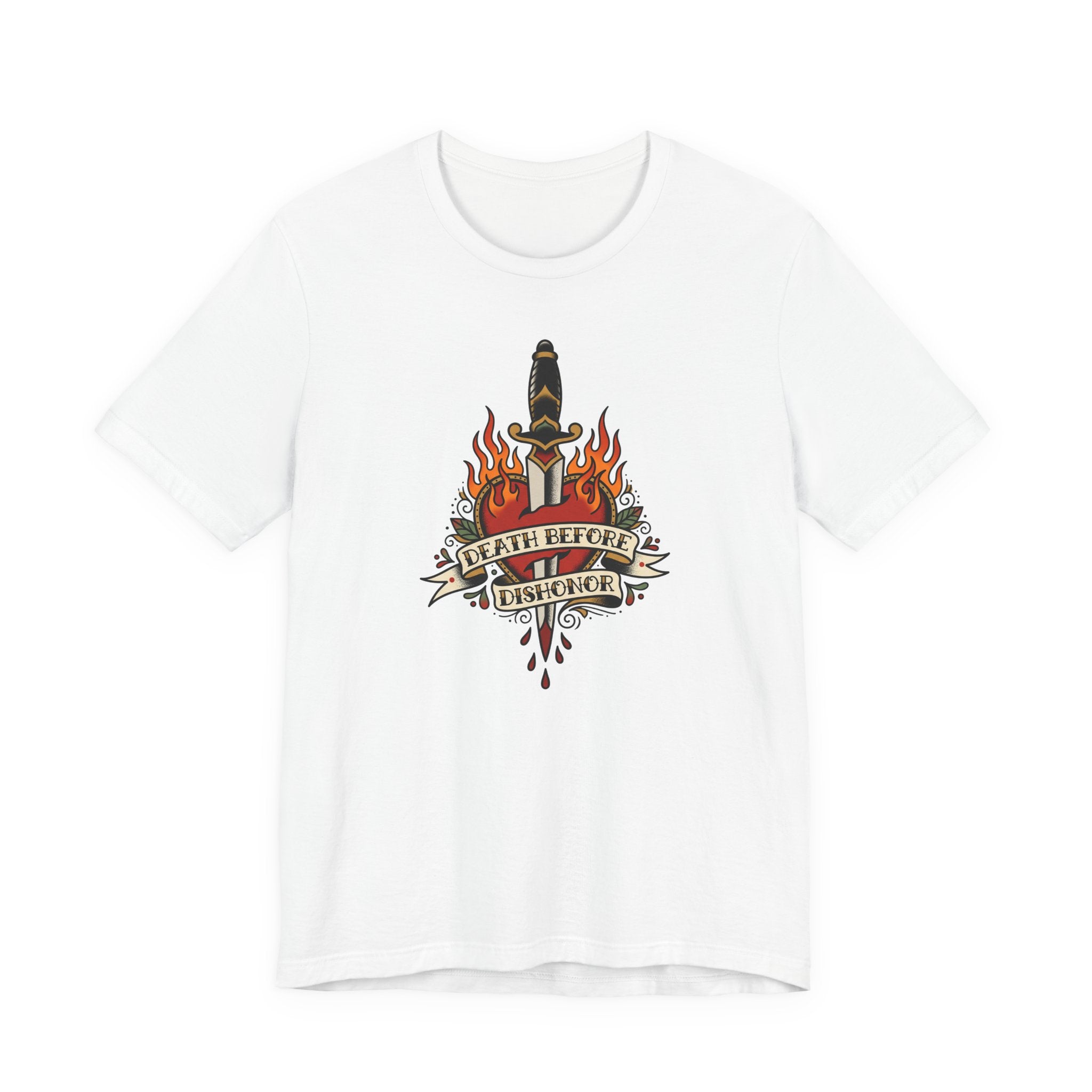 White crewneck T-shirt with flame dagger graphic on front