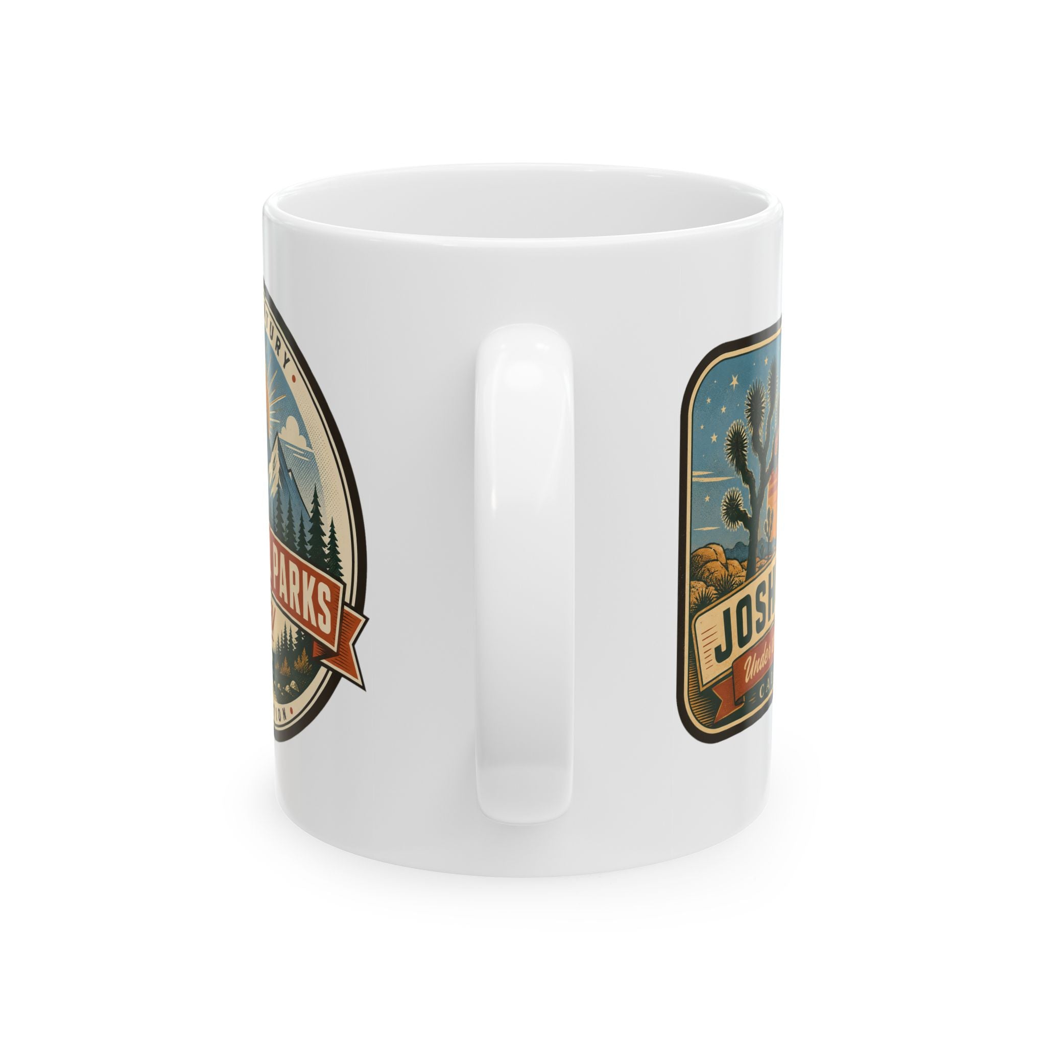 White ceramic mug with two desert-themed emblems on both sides and side handle