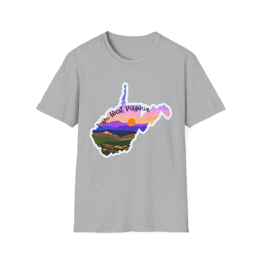 West Virginia sunset T-shirt, heather grey with West Virginia state mountain sunset graphic