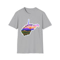 West Virginia sunset T-shirt, heather grey with West Virginia state mountain sunset graphic