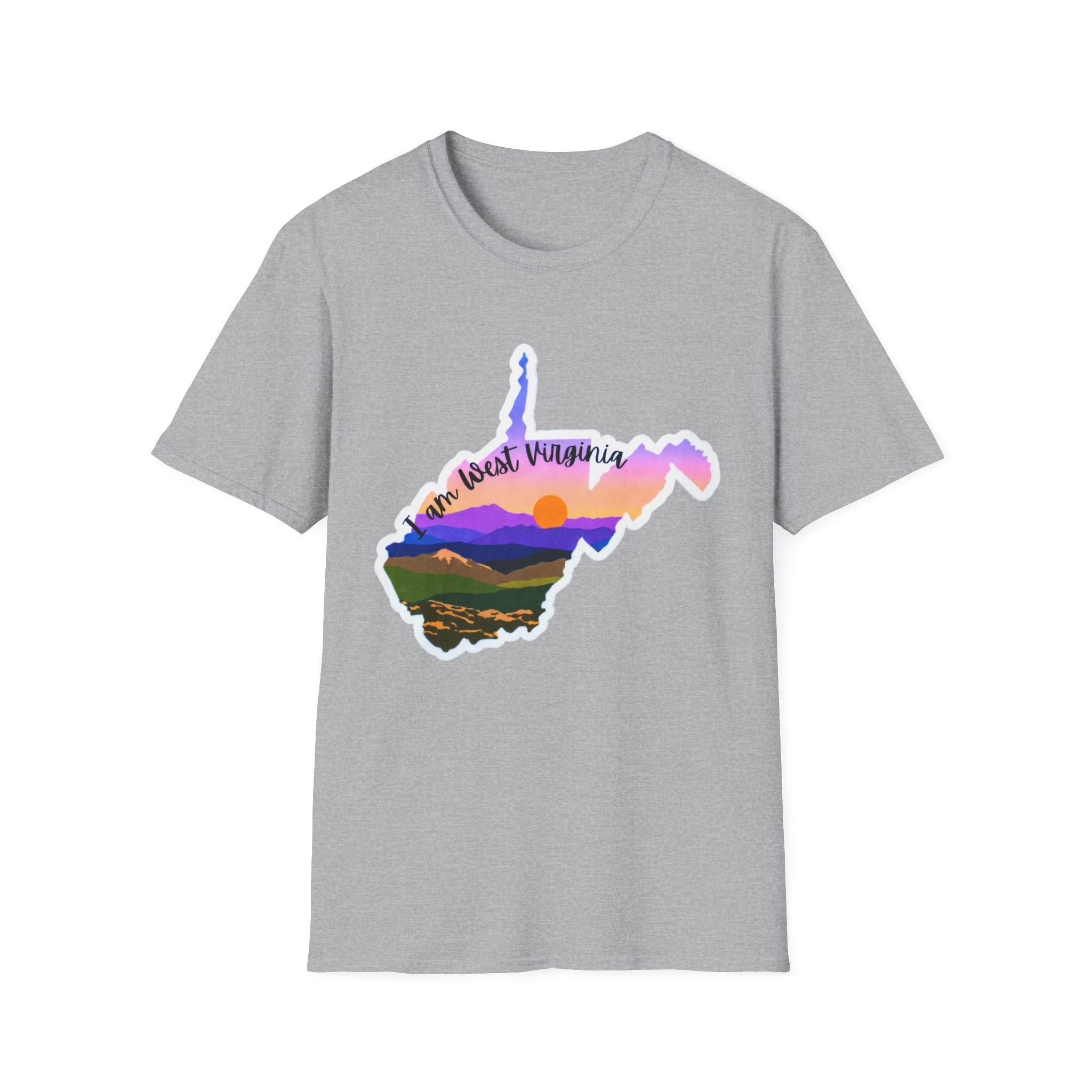 West Virginia sunset T-shirt, heather grey with West Virginia state mountain sunset graphic