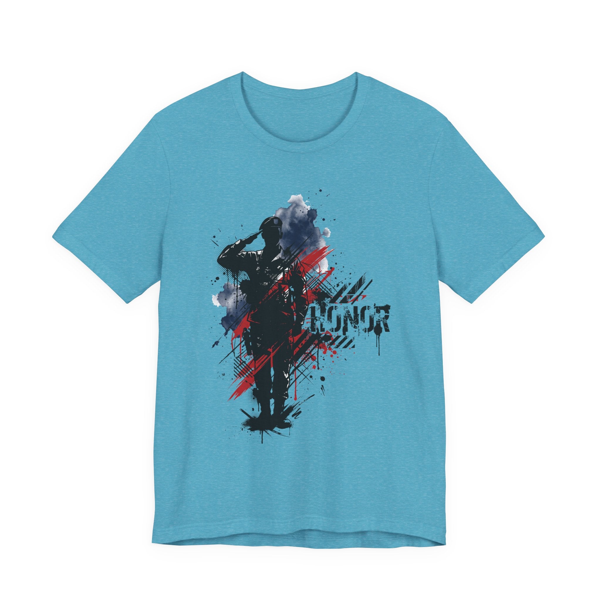 Teal crewneck T-shirt with soldier silhouette and red-blue brushstroke graphic, front print.
