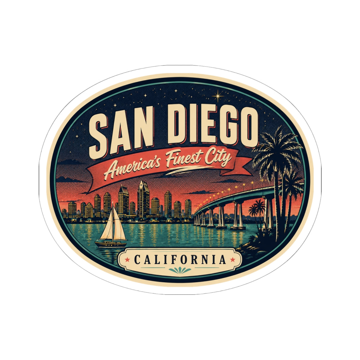 Round San Diego California luggage tag sticker with skyline, sailboats, and bridge scene