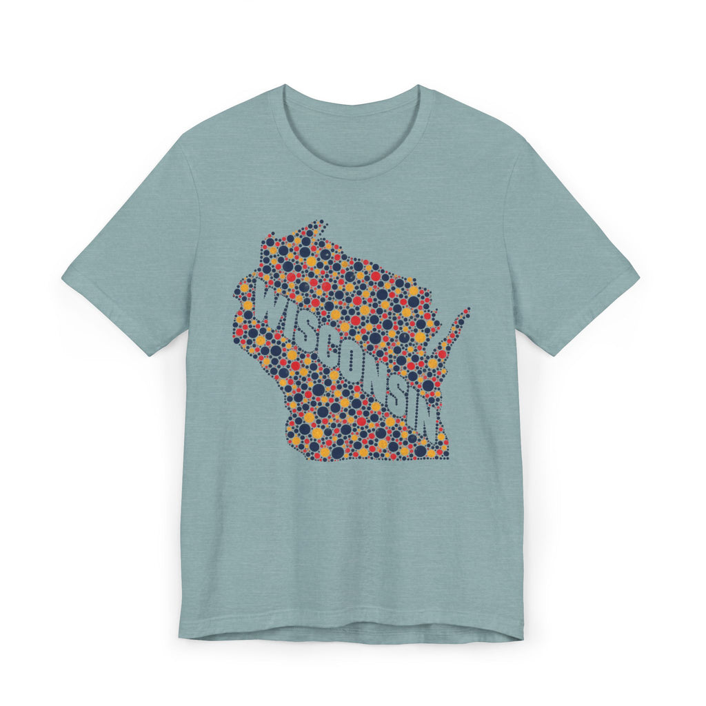 Light teal Wisconsin map graphic t-shirt with colorful floral dot design